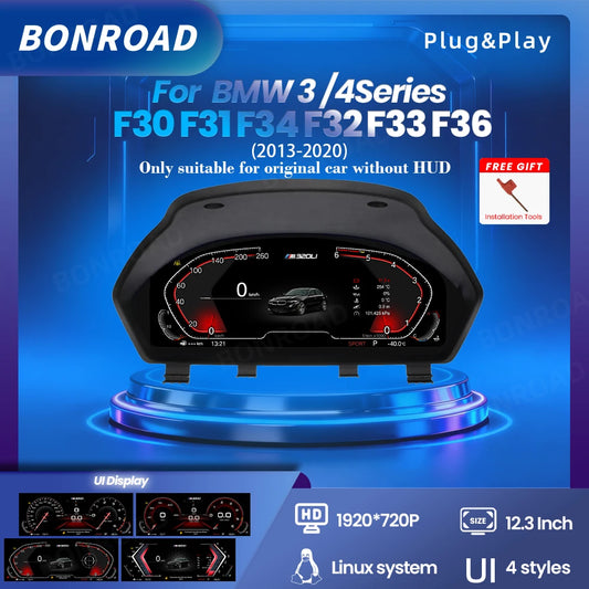 BONROAD 12.3"LCD Digital Instrument Cluster CarPlay Android Auto For BMW 3/4 Series F30 F31 F34 F32 F33 F36 Car Dashboard Panel