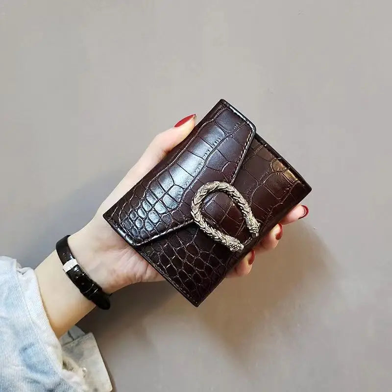 Dark coffee matte crocodile pattern exquisite metal buckle compact wallet
