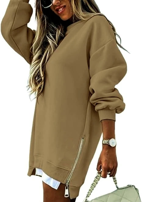 Women's  Spring Autumn Fashion Splicing Side Zipper Design Sweatshirt Round Neck Long Sleeved Mid Length Irregular  Tops