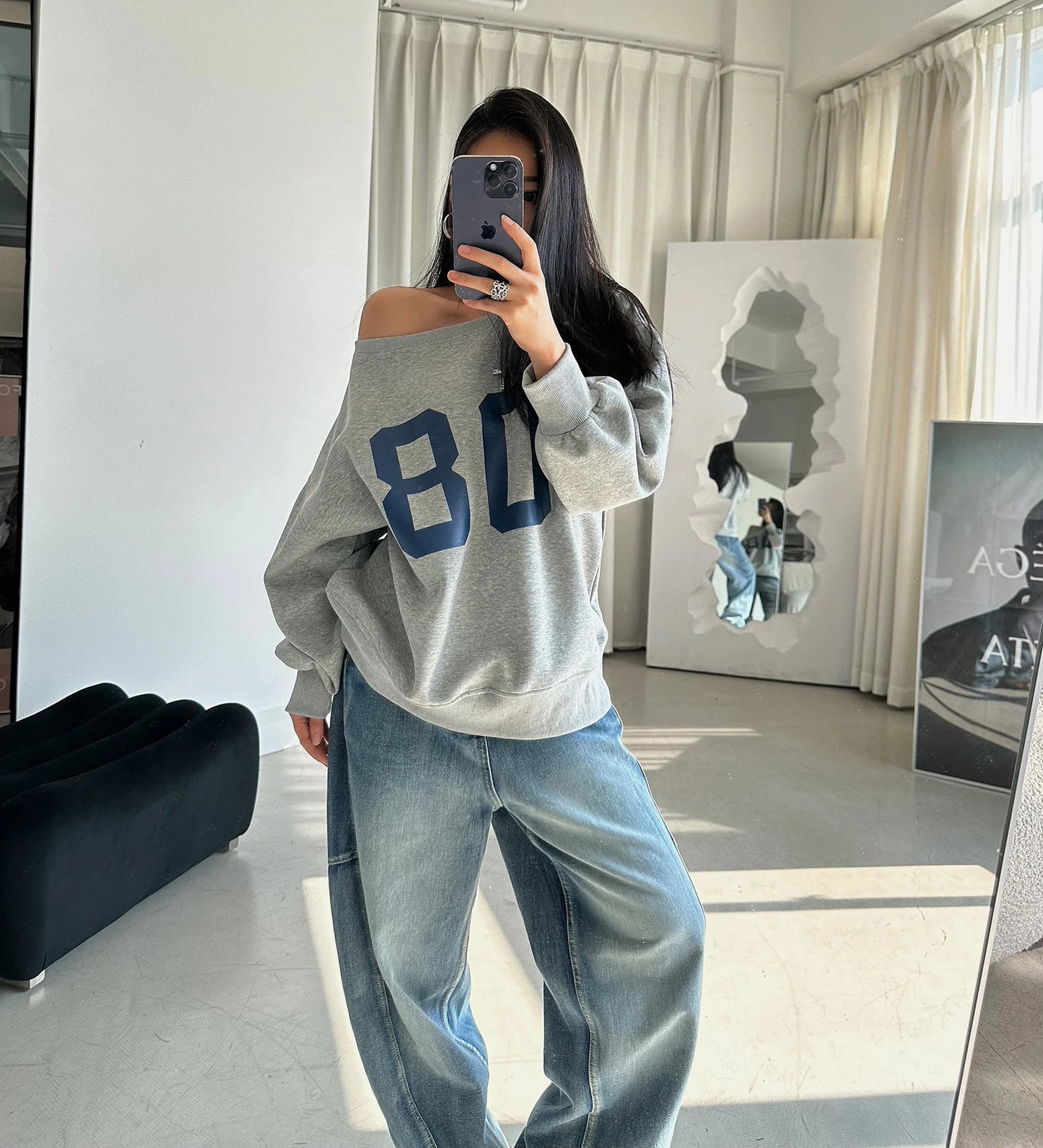 Tawaaiw American Retro Y2k Graphic Hoodie Long Sleeve Off Shoulder Korean Fashion Loose Harajuku Women's Sweatshirts Autumn Tops