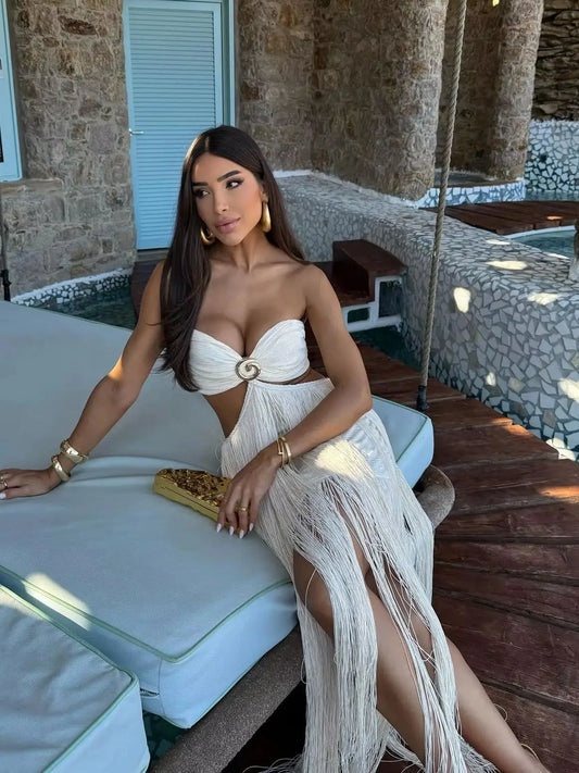 Women Fashion Off Shouler Tassels Long Skirt Set Sexy To Foots White Dresses Set Party Gown Clothing Female Beachwear Getways