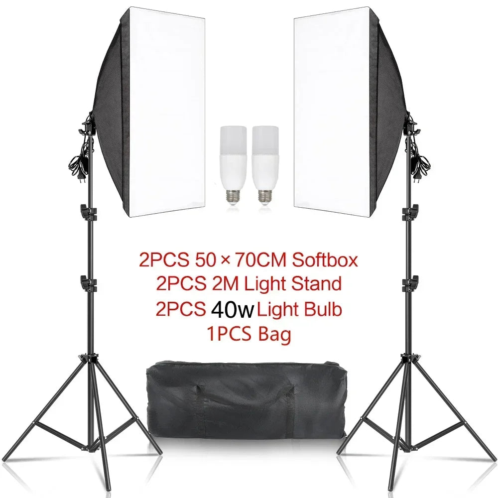 50x70CM Softbox Lights With Cross Arm E27 Photographic Bulbs Professional Photo Studio Continuous Lighting Kit With Tripod Stand