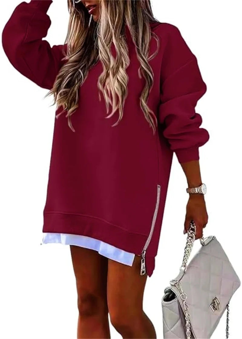 Women's  Spring Autumn Fashion Splicing Side Zipper Design Sweatshirt Round Neck Long Sleeved Mid Length Irregular  Tops