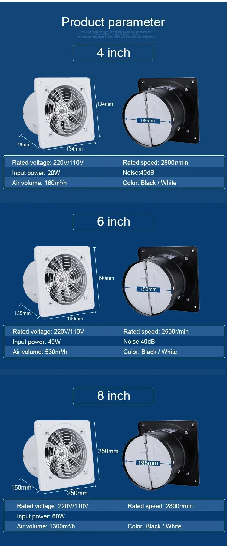 4/6/8" Exhaust Fan Metal Iron Ventilation Extractor,Silence with Anti-backflow Check Valve Window&Wall Mount Vent Fans for Home