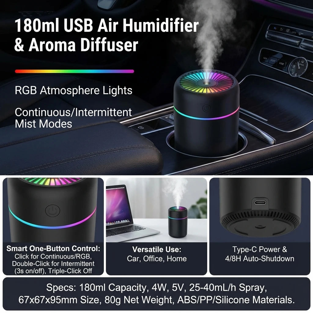 180ML Mini Air Humidifier USB Electric Aroma Diffuser Essential Oil Purifier Aromatherapy Mist Maker Lights For Car Home Bedroom