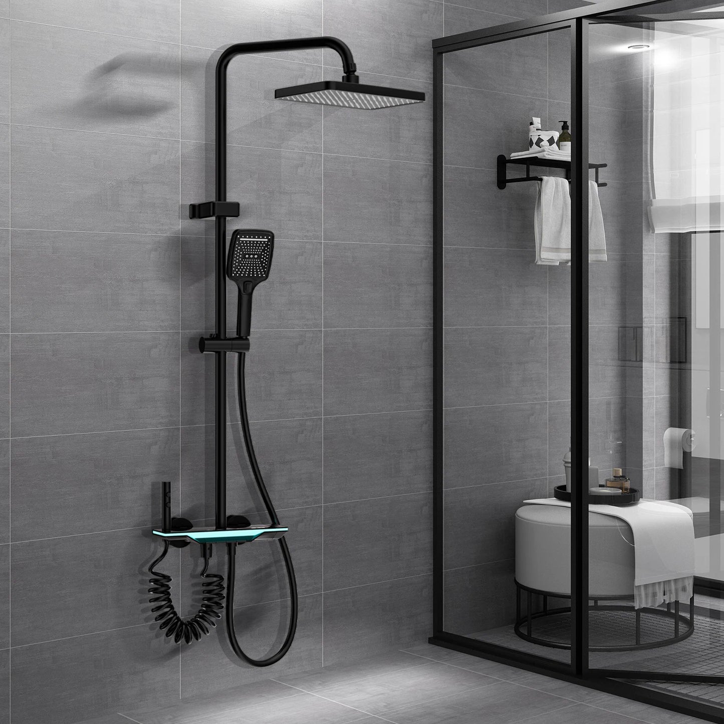 Bathroom shower Set with LED Digital Display Shower System Hot &Cold Mixer Tap Rainforest Overhead Shower Head Height-Adjustable