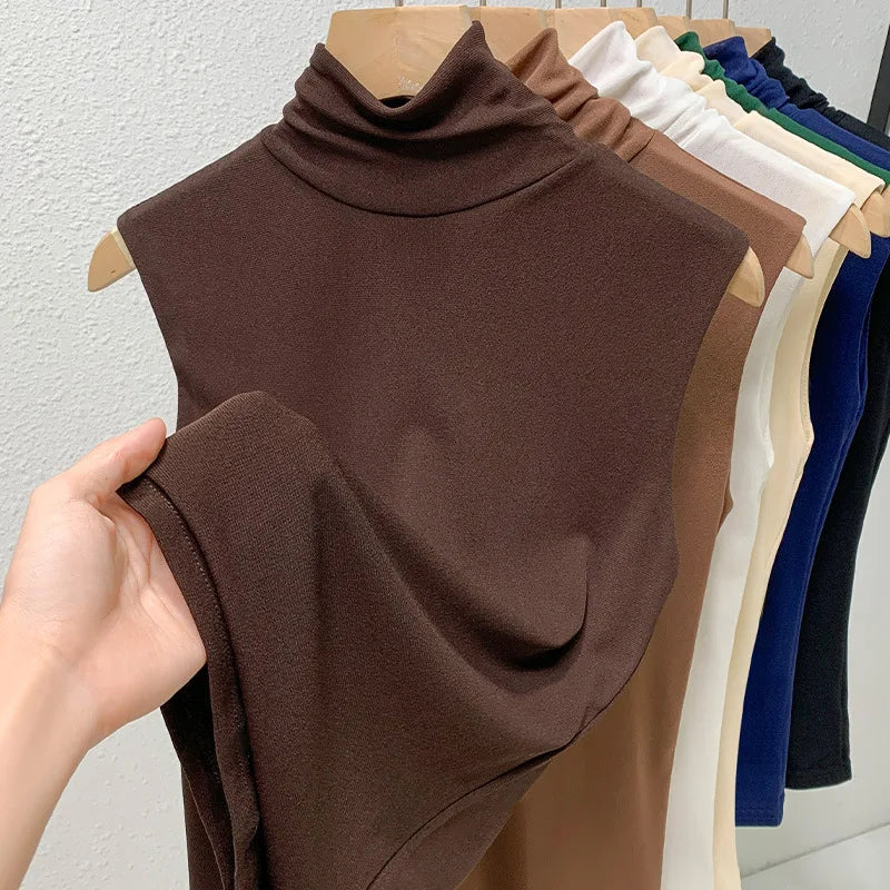 Elastic Mesh High Neck T-shirt New Women's Solid Color Plus Size Sleeveless Basic Top