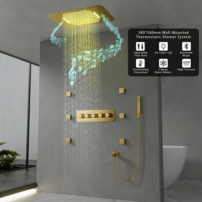 580*380mm Constant-Temperature Shower System Brushed Gold Shower Set LED Light Music Ceiling Hower head Body Massage Nozzle