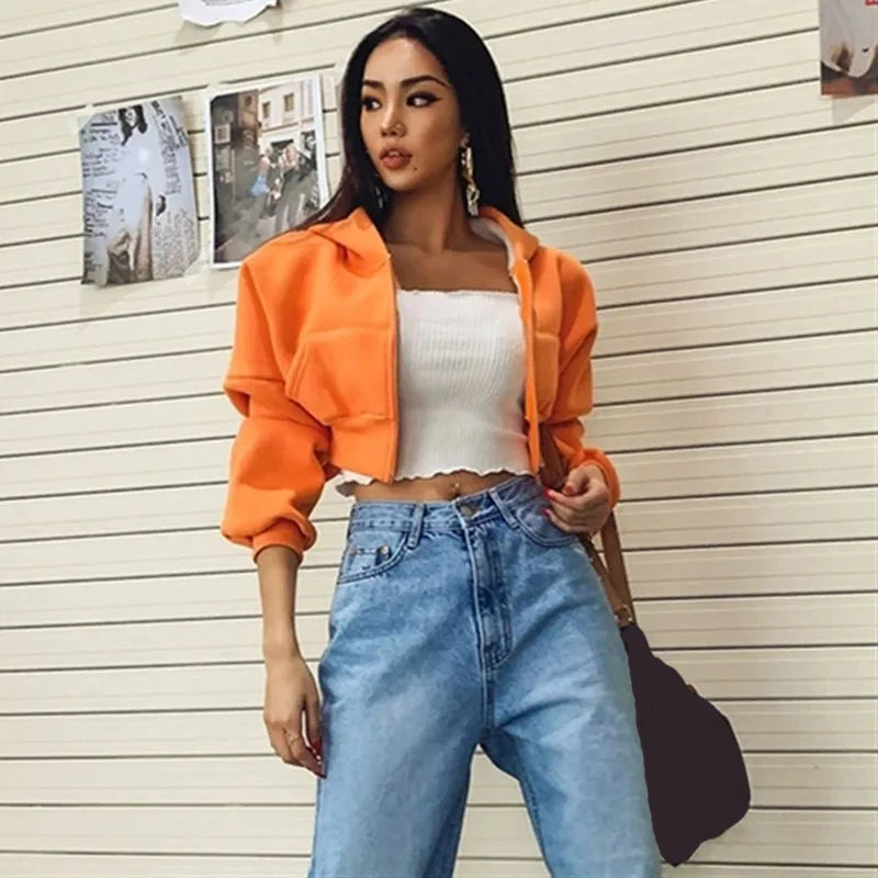 Cropped Zip Up Hoodies Women Streetwear Vintage with Pockets Short Sweatshirt Femme Outwear Harajuku Y2K Solid Hooded Jackets