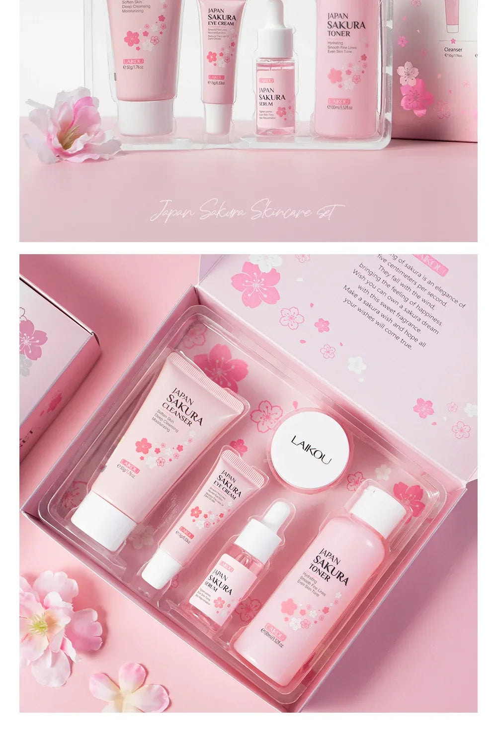 LAIKOU Sakura Kit Skin Care Sets Moisturizing and Reducing Fine Lines Cleansing Pore Product 5-Piece Korean Women's Day Gift