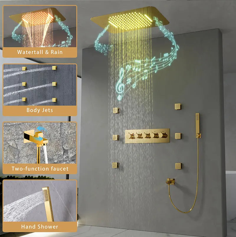 580*380mm Constant-Temperature Shower System Brushed Gold Shower Set LED Light Music Ceiling Hower head Body Massage Nozzle
