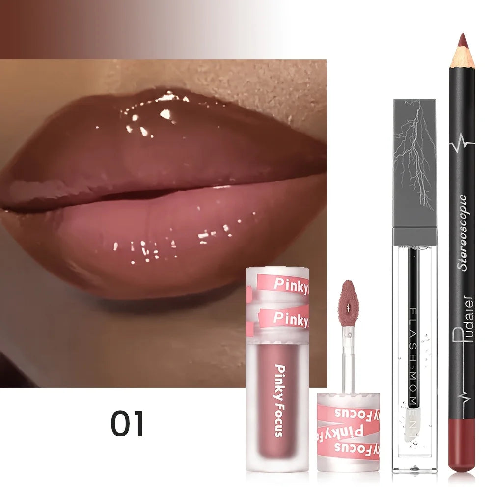 3PCS Glossy Lip Set, Shimmer Lip Gloss + Lip Oil + Lip Liner, Nourishing, Non-Sticky, High Shine, Daily Makeup