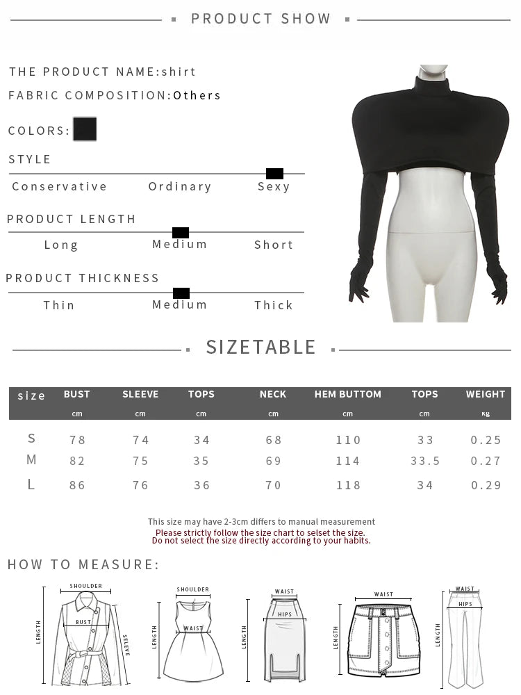 Weird Puss Chic Turtleneck T-Shirt 2-Piece Set Women Classic New Trend Long Gloves+Short Sleeve Crop Tees Fashion Streetwear