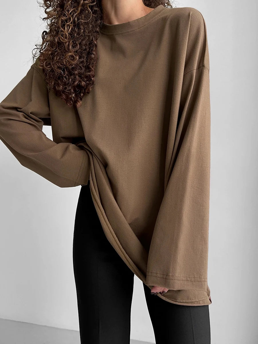 Blubelle Women Autumn 100% Cotton T-shirt Bottoming Spring Basic Fashionable Solid Lady Long Sleeve Loose Tops Shirts