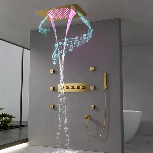 580*380mm Constant-Temperature Shower System Brushed Gold Shower Set LED Light Music Ceiling Hower head Body Massage Nozzle