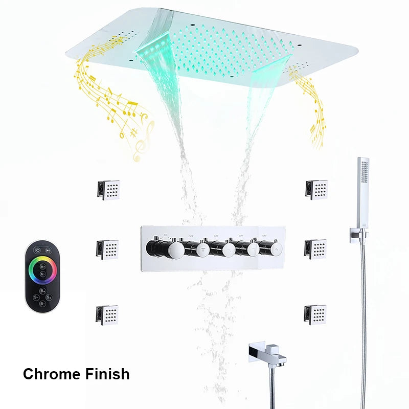580*380mm Constant-Temperature Shower System Brushed Gold Shower Set LED Light Music Ceiling Hower head Body Massage Nozzle