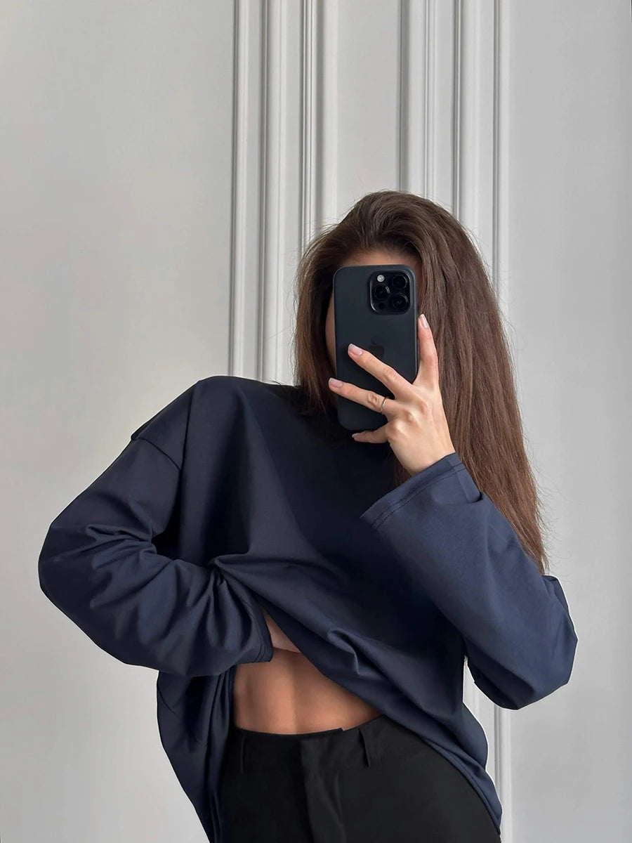 Blubelle Women Autumn 100% Cotton T-shirt Bottoming Spring Basic Fashionable Solid Lady Long Sleeve Loose Tops Shirts