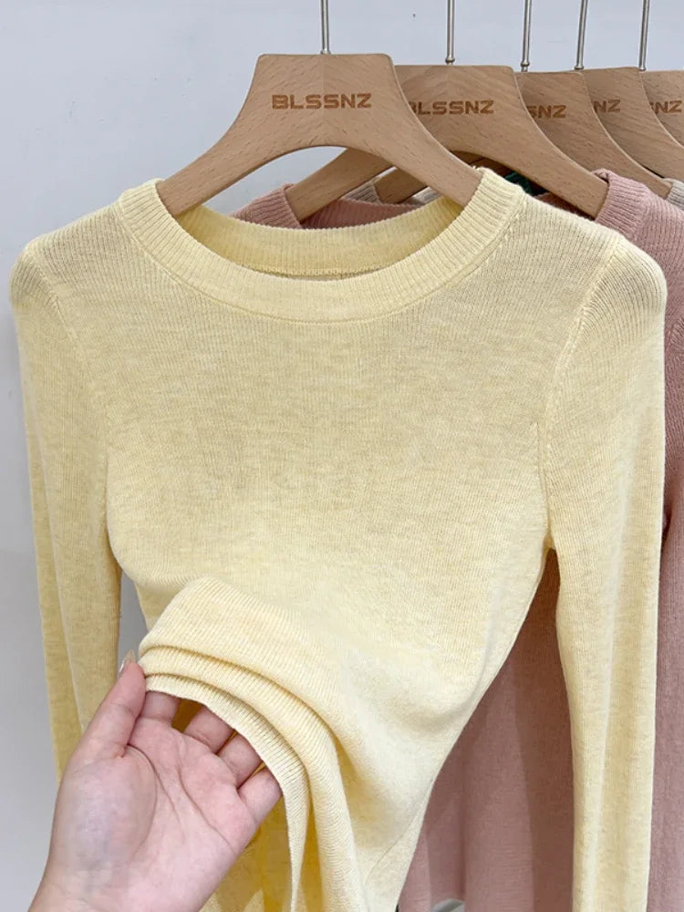Spring  Basic O-Neck Slim T-Shirt Women Solid Multi Color All-Match Trend Casual Top Screw Knit Long Sleeve Elastic Office Lady