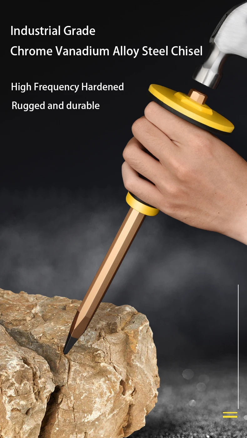 Flat Head Pointed Chisel Stonemason Chisel Hand Guard Chisel Carving Knife Tungsten Alloy Steel Stone Breaking Tool Hand Tools