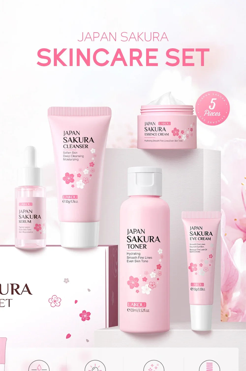 LAIKOU Sakura Kit Skin Care Sets Moisturizing and Reducing Fine Lines Cleansing Pore Product 5-Piece Korean Women's Day Gift