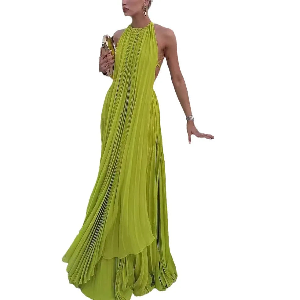 Fashion O Neck Sleeveless Long Top + Skirt Women 2pc Set Sexy Hollow Out Backless Beach Suit Casual Pleated Holiday Party Outfit