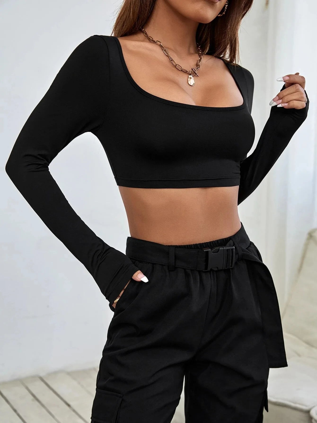 Spring Autumn Women Long Sleeve T Shirt quared Neck Cropped T-shirt Pullovers Basic Tee Y2k Streetwear Women's Clothing Tops