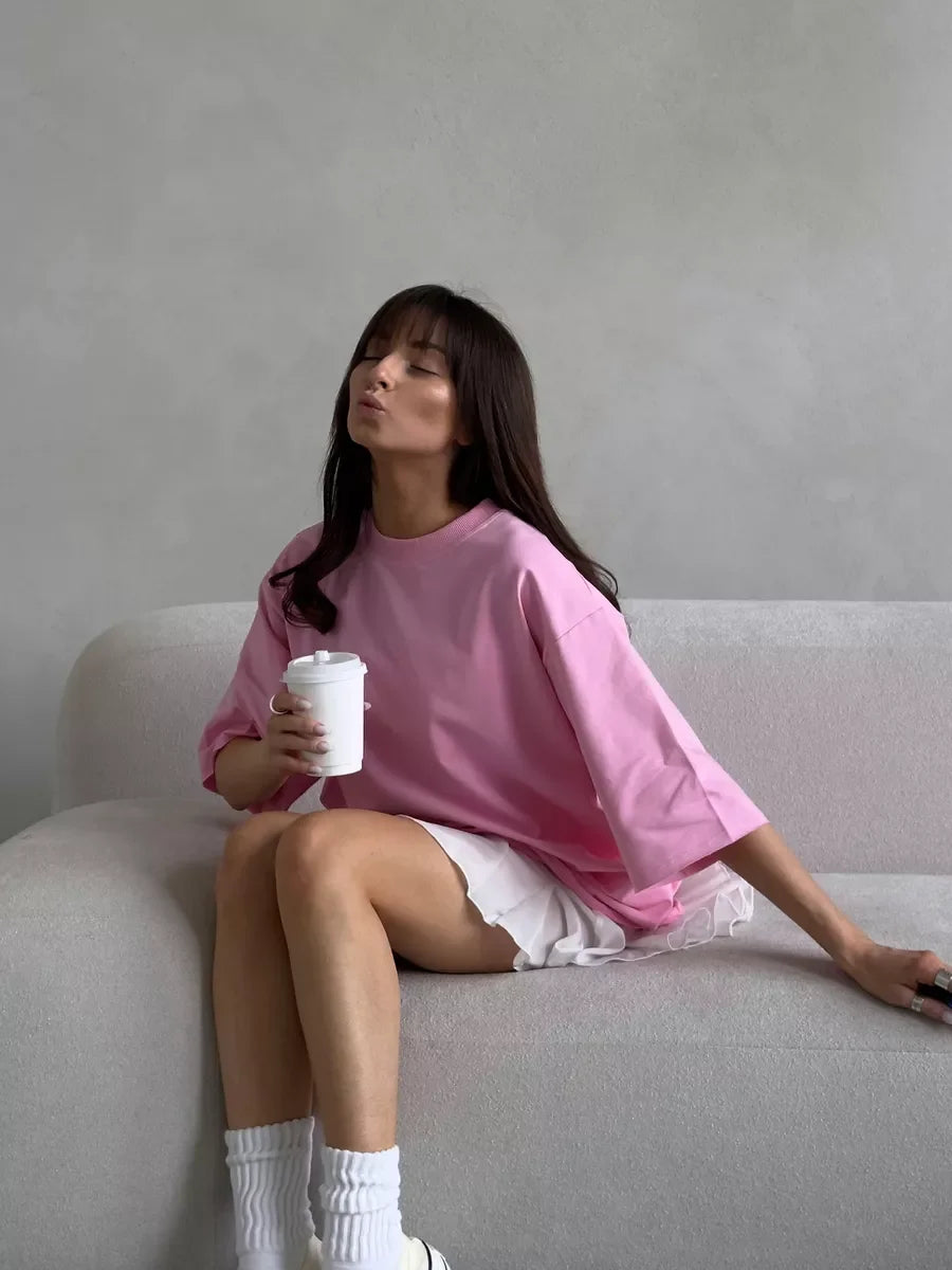 Hirsionsan Summer Casual Oversized T-shirts Women 100% Cotton Pink Loose Tees 2025 New Cusual Solid O Neck Female Aesthetic Tops