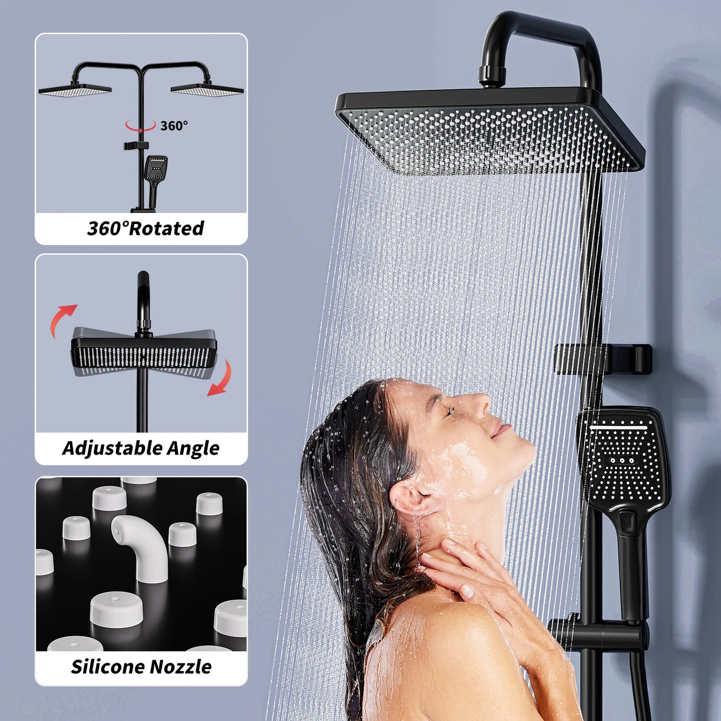 Bathroom shower Set with LED Digital Display Shower System Hot &Cold Mixer Tap Rainforest Overhead Shower Head Height-Adjustable