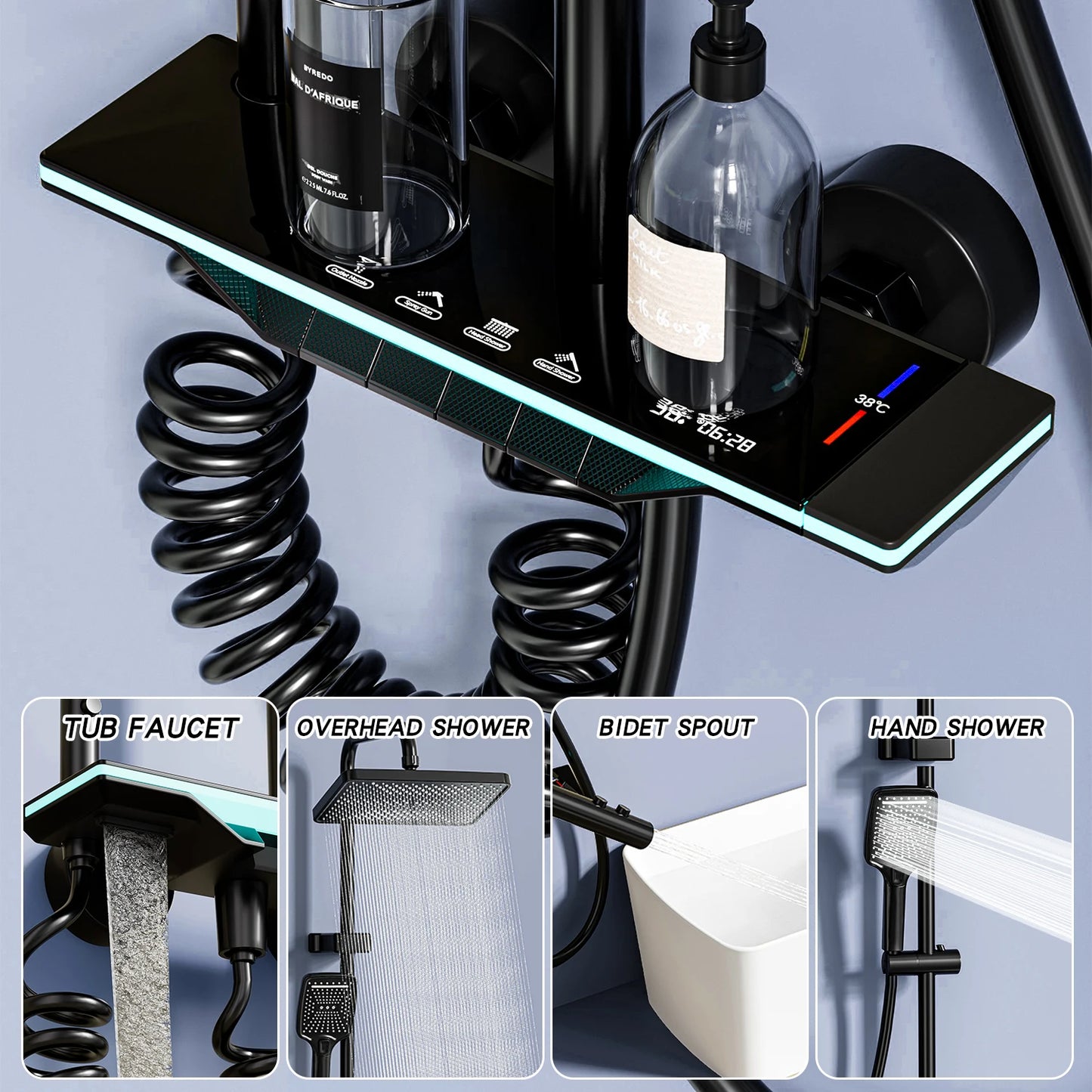 Bathroom shower Set with LED Digital Display Shower System Hot &Cold Mixer Tap Rainforest Overhead Shower Head Height-Adjustable