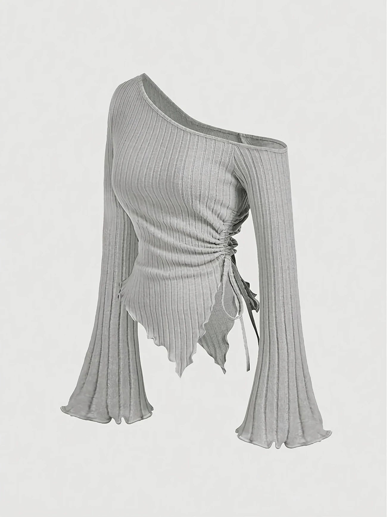 women's New off shoulder cross long sleeved slim fit casual street style asymmetrical elegant T-shirt trumpet sleeve top