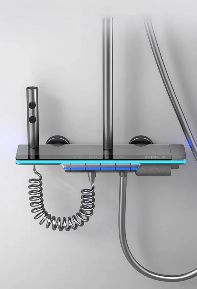 Bathroom Shower Faucet System with Lights Tempered Glass Shower Set Digital Display Copper Mixer Shower Faucet Set