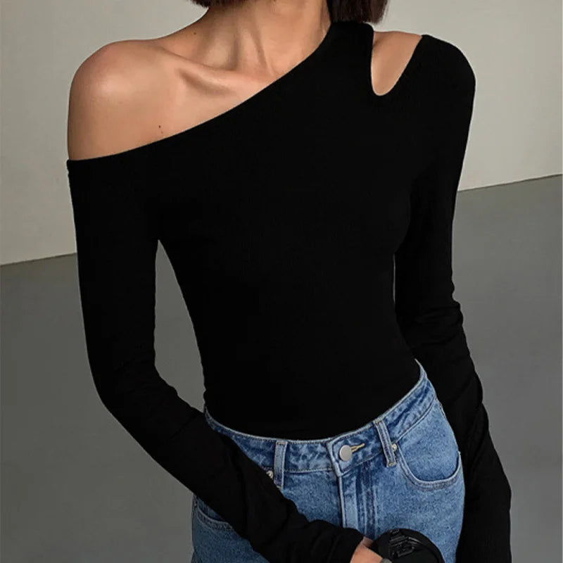Fashion Skew Collar Off-shoulder Long-sleeved T-shirts Women Spring 2024 New Solid Slim Fit Crop Top Sexy Hollow Out Tees Shirts