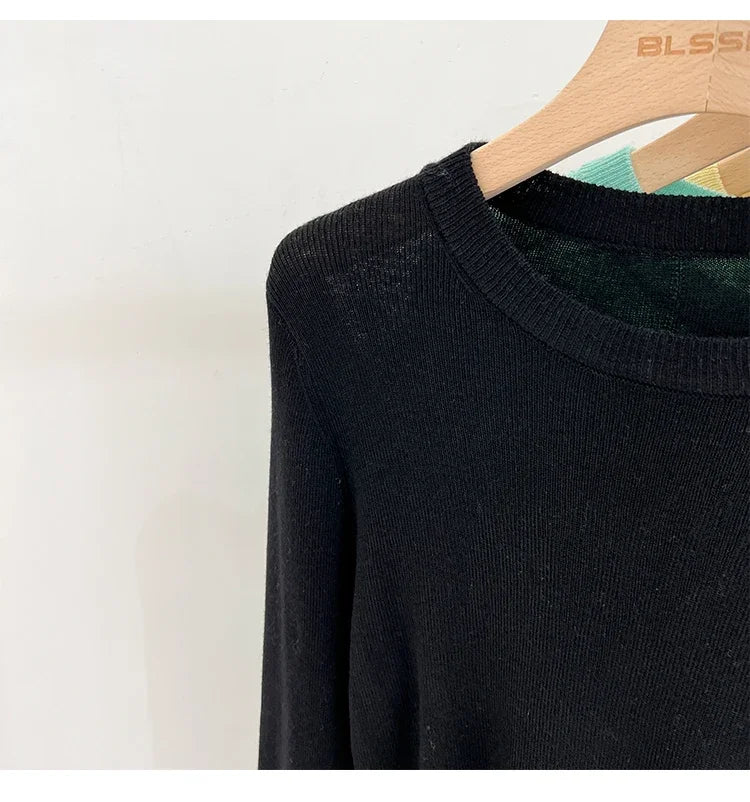 Spring  Basic O-Neck Slim T-Shirt Women Solid Multi Color All-Match Trend Casual Top Screw Knit Long Sleeve Elastic Office Lady