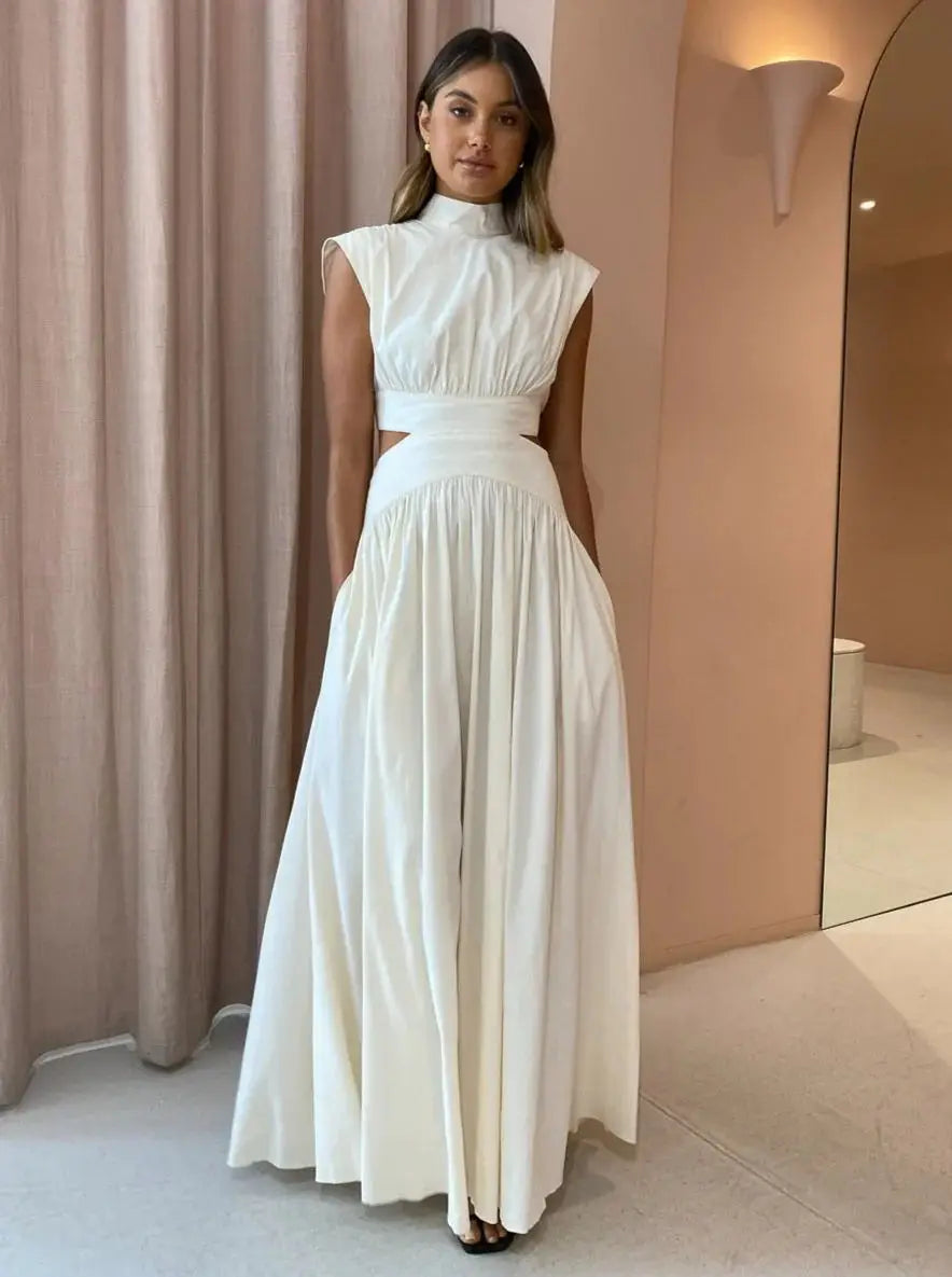 New Holiday Style, Solid Color Waist Empty And Sexy Waist Pleated Large Skirt Dress