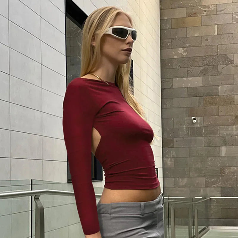 Backless Short Sleeve Blue Y2K Crop Top Women Casual O Neck  Summer T Shirts Sexy Vintage Cut Out