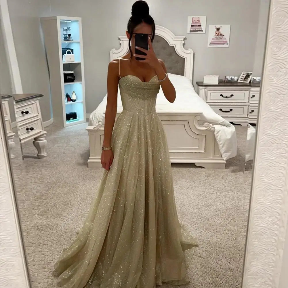 Off-the-shoulder Formal Gown Elegant Sequin Ball Gown for Prom Wedding Evening Events Backless A-line Floor Length Dress