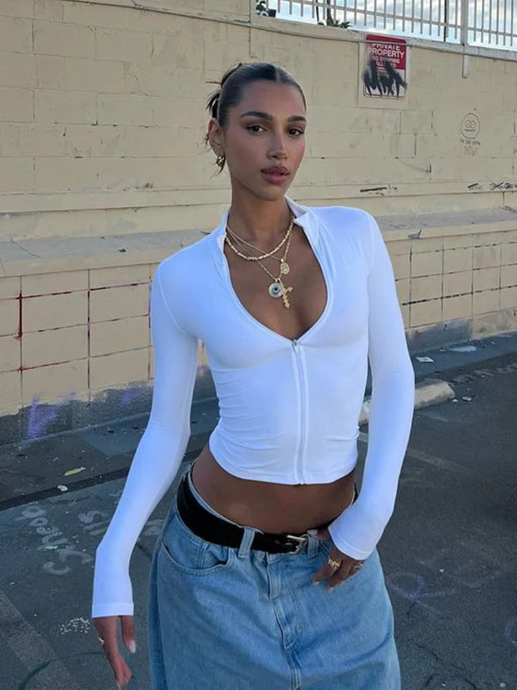 CNYISHE Solid Sexy Club Women Bodysuits Fashion Casual Zipper Long Sleeveless V-Neck Streetwear Y2k Slim Tops Tees Female Blusas