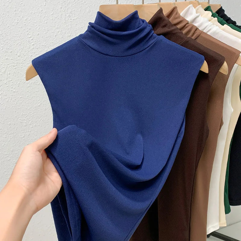 Elastic Mesh High Neck T-shirt New Women's Solid Color Plus Size Sleeveless Basic Top