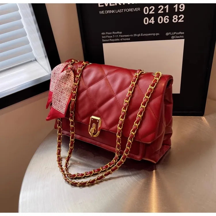 Light Luxury Elegant Red Plaid Chains Shoulder Bag High Quality Fashion Girls New Crossbody Bag Large Capacity Commuter Bag