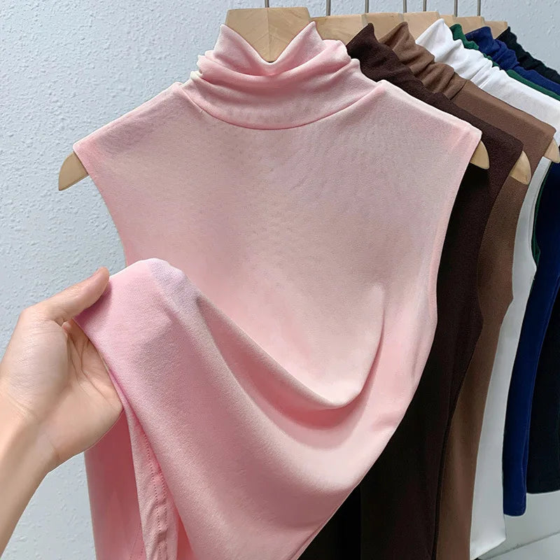 Elastic Mesh High Neck T-shirt New Women's Solid Color Plus Size Sleeveless Basic Top