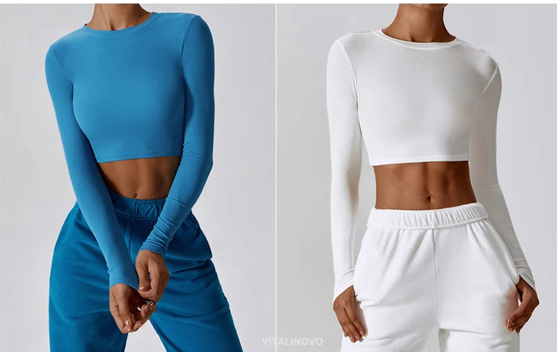 VITALINOVO Ribbed Crew Neck Cropprd Gym Tee Shirt Lightweight Basic Crop Tops Slim Fit Long Sleeve Workout Shirts for Women