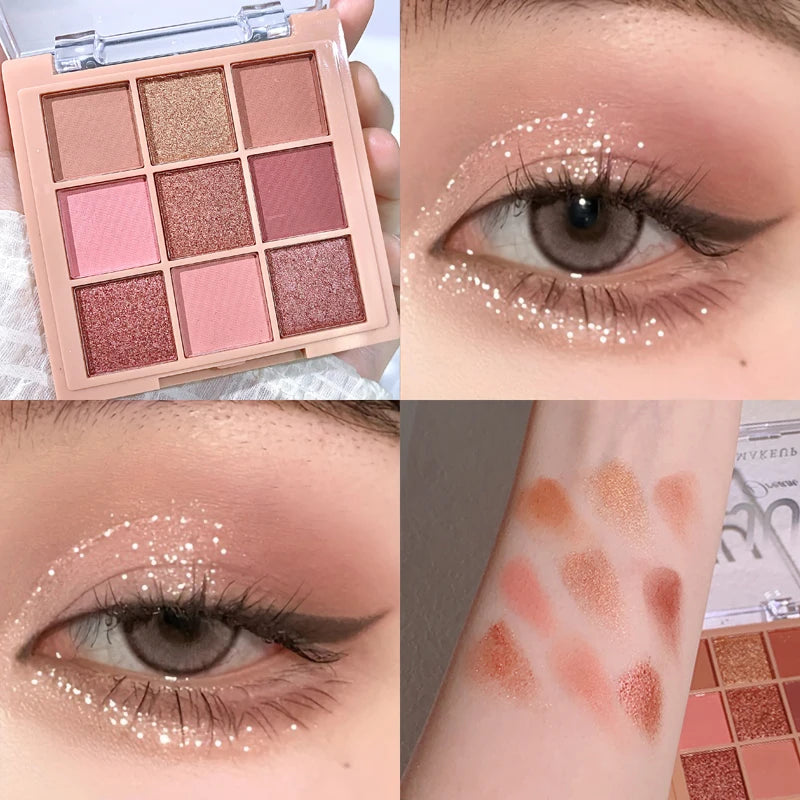 Nine-Color Eyeshadow Palette with Pearl, Fine Sparkle, Layerable Shimmer, Bright Glitter, and Vibrant Colors New