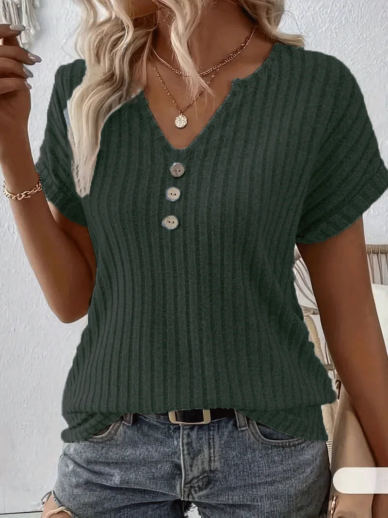 Spring/summer new solid color ribbed top V-neck button decorated elegant T-shirt ladies S-2XL