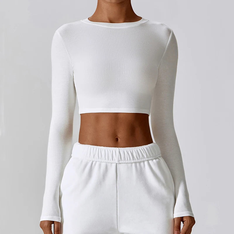 VITALINOVO Ribbed Crew Neck Cropprd Gym Tee Shirt Lightweight Basic Crop Tops Slim Fit Long Sleeve Workout Shirts for Women