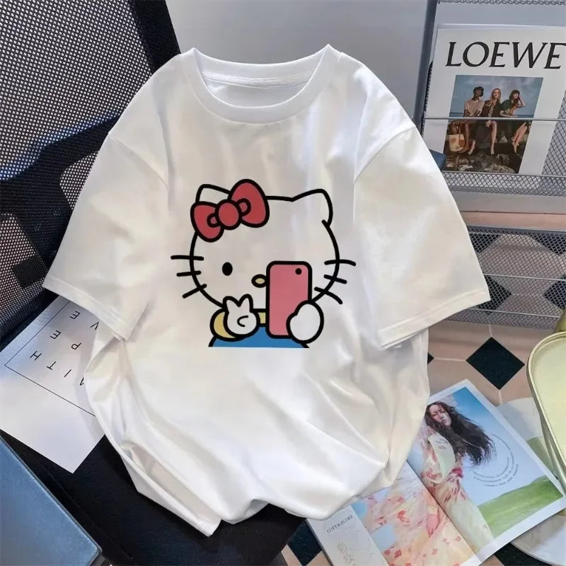 Disney Cute Cartoon Kitty Cat Cotton Short-sleeved T-shirt Men's and Women's Summer Printing Versatile Casual Loose Top Clothing