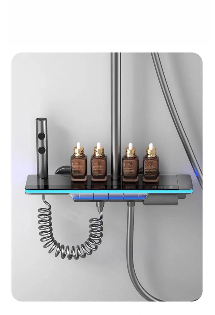 Bathroom Shower Faucet System with Lights Tempered Glass Shower Set Digital Display Copper Mixer Shower Faucet Set