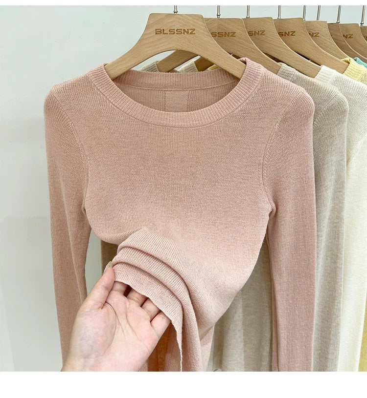 Spring  Basic O-Neck Slim T-Shirt Women Solid Multi Color All-Match Trend Casual Top Screw Knit Long Sleeve Elastic Office Lady
