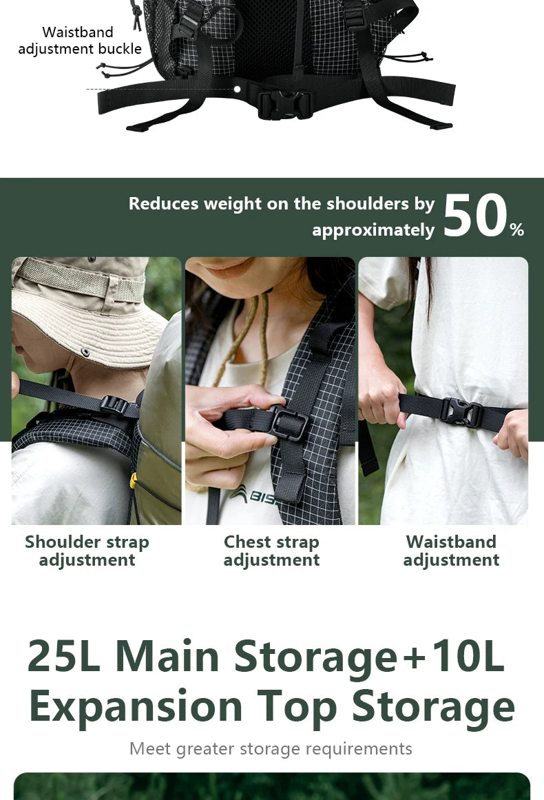 BISINNA Camping Backpack 25+10L Ultralight Travel Bag for Men Women Large Capacity Outdoor Sports Climbing Hiking Backpack