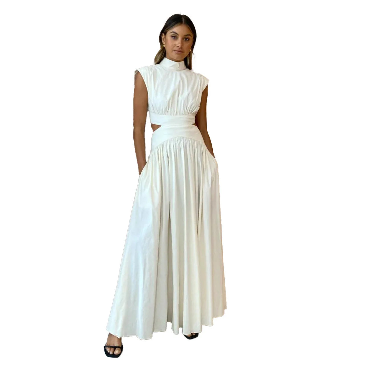 New Holiday Style, Solid Color Waist Empty And Sexy Waist Pleated Large Skirt Dress