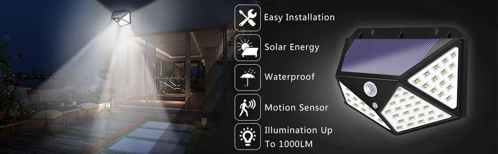 100 LED Solar Motion Sensor Security Light Outdoor Waterproof PIR Spotlight for Yard Garden Path Fence Decoration